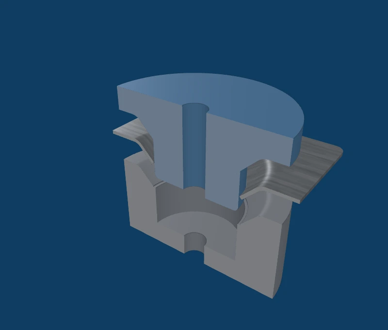 Cut-away view of a dimple die: the upper half, the sheet, and the lower half with the funnel and the pilot pin.